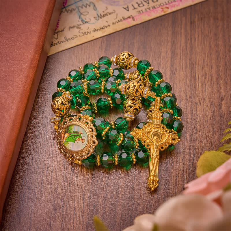 Christianartworkshop Rosario di San Giuda con perle sfaccettate verde smeraldo: emblema della dolce grazia celeste. - image 3