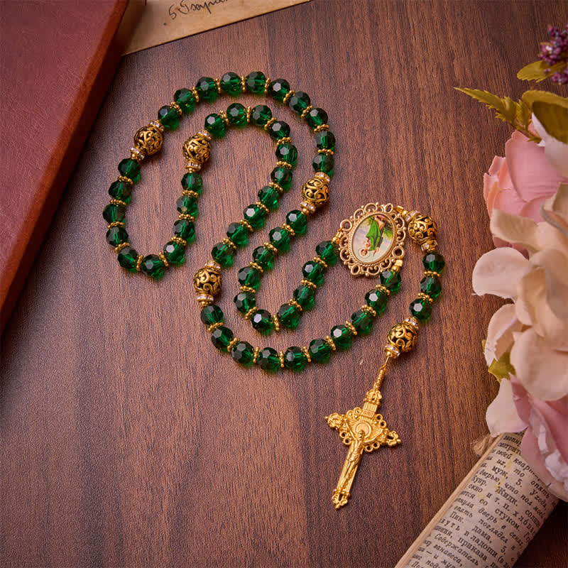 Christianartworkshop Rosario di San Giuda con perle sfaccettate verde smeraldo: emblema della dolce grazia celeste. - image 2