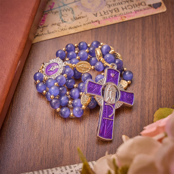Christianartworkshop Croce con perline occhio di gatto viola e smalto intarsiato, rosario della Madonna: segno di quieta benedizione celeste - image 5