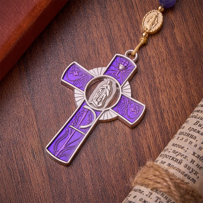 Christianartworkshop Croce con perline occhio di gatto viola e smalto intarsiato, rosario della Madonna: segno di quieta benedizione celeste - image 8