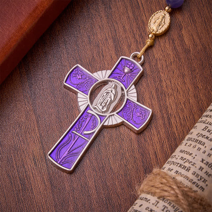 Christianartworkshop Croce con perline occhio di gatto viola e smalto intarsiato, rosario della Madonna: segno di quieta benedizione celeste - image 8
