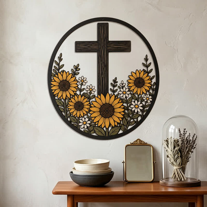 Christianartworkshop Decorazione in metallo a forma di croce con girasoli: simbolo di pacifica luce divina. - image 1