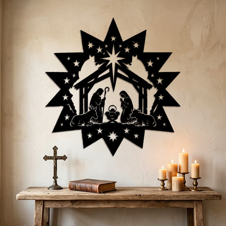 Christianartworkshop Decorazione murale in metallo con presepe a forma di stella: emblema della luce celeste che guida. - image 1