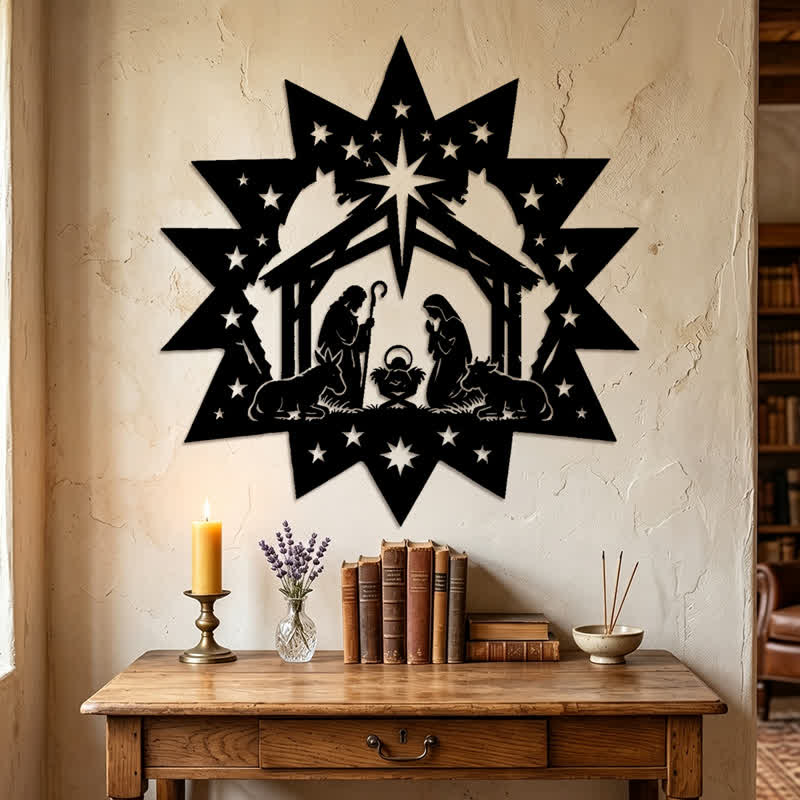 Christianartworkshop Decorazione murale in metallo con presepe a forma di stella: emblema della luce celeste che guida. - image 2