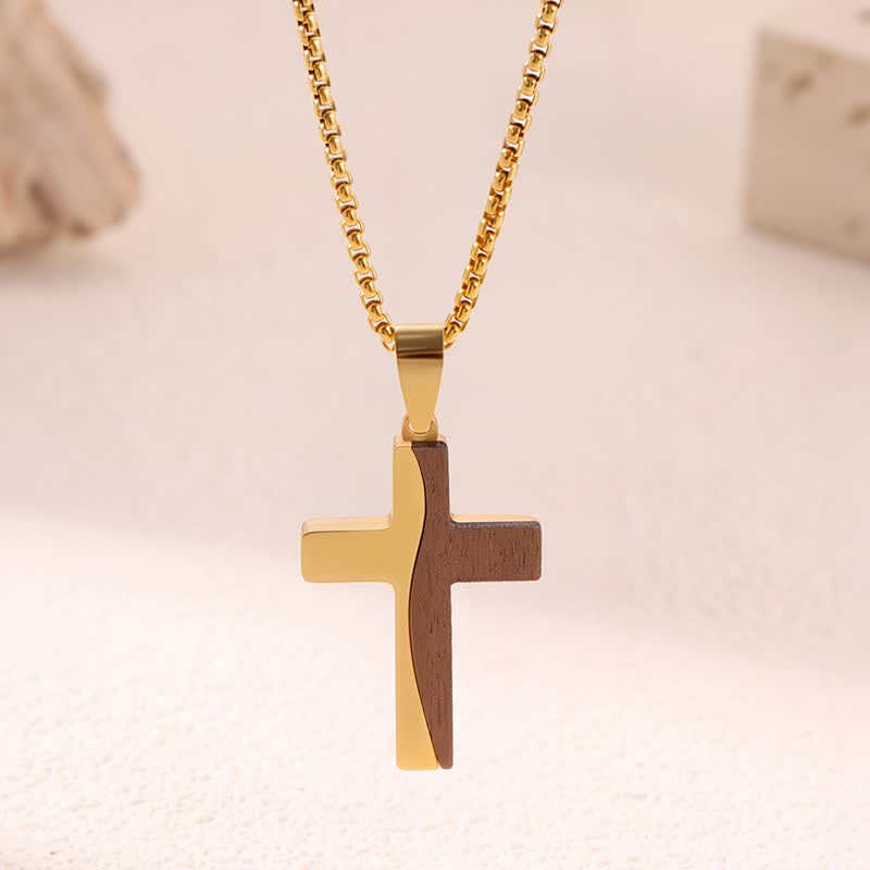 Christianartworkshop Collana con croce in acciaio inossidabile e inserto in legno naturale: segno di dolce rifugio celeste - G - image 6