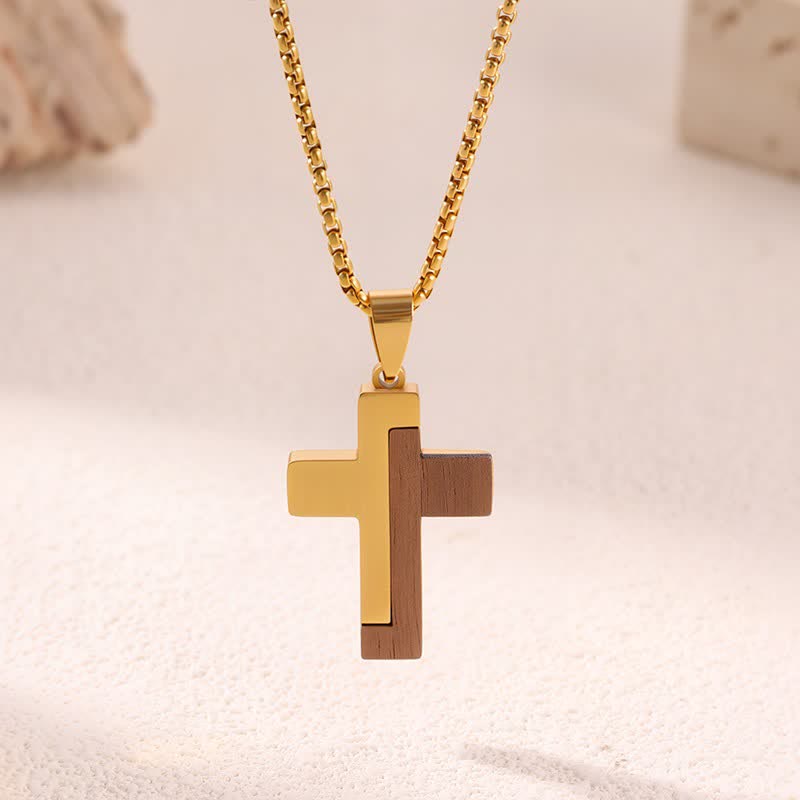 Christianartworkshop Collana con croce in acciaio inossidabile e inserto in legno naturale: segno di dolce rifugio celeste - B - image 1