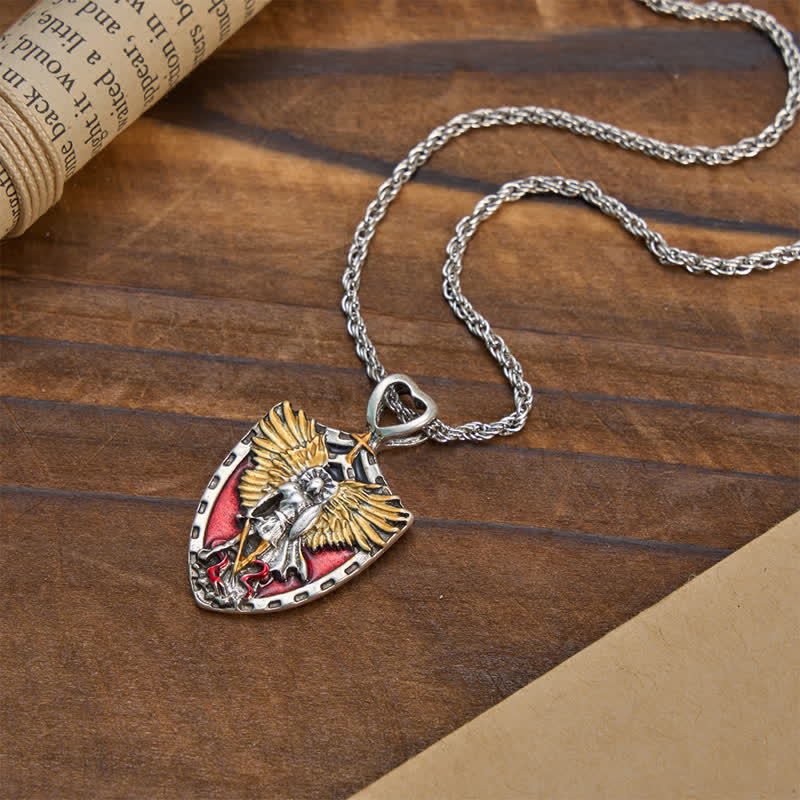 Christianartworkshop Collana con ciondolo a forma di scudo di San Michele in lega: simbolo di coraggio e forza divina. - image 3