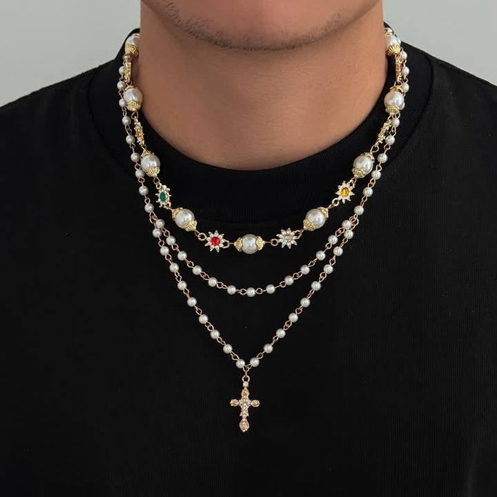 Christianartworkshop Collana a più livelli con croce di perle finte: simbolo di delicata protezione divina. - D'oro - image 0