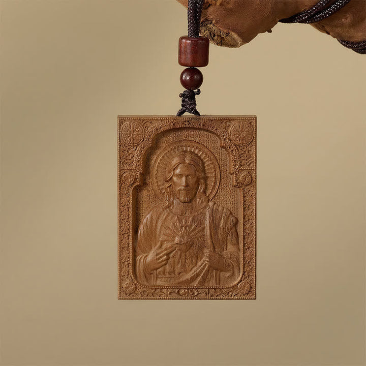 Christianartworkshop Ciondolo in legno con bassorilievo di Gesù incorniciato: vaso di grazia sacra senza tempo - image 2