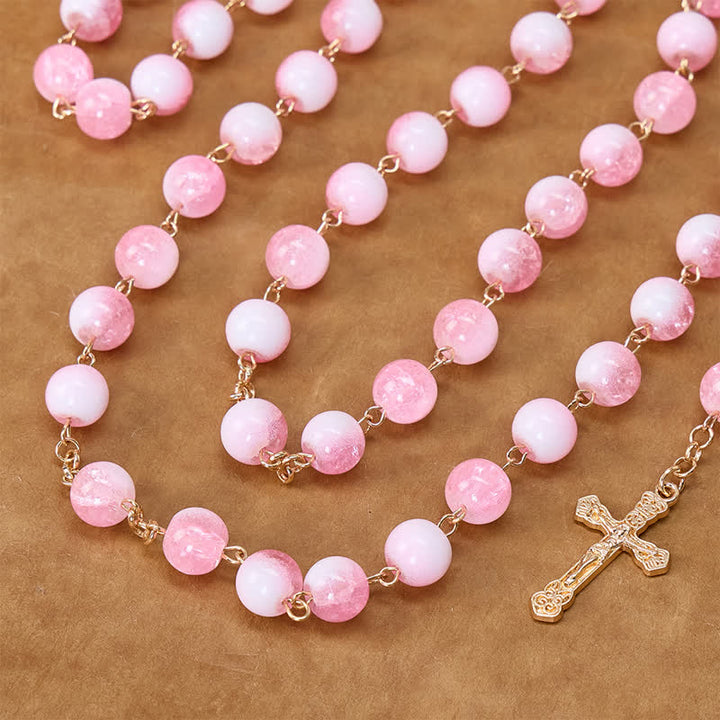 Christianartworkshop Rosario con perle di vetro testurizzate, raffigurante la Madonna e il Crocifisso: segno di rifugio sacro. - image 1