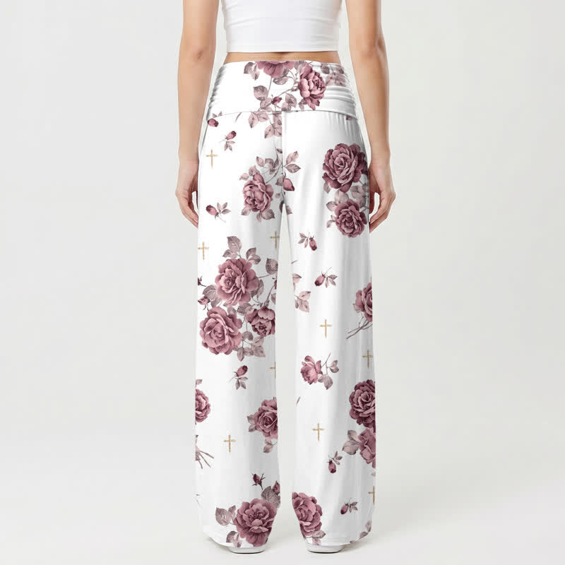 Christianartworkshop Pantaloni palazzo da donna a vita alta con stampa a rose e croce e gamba larga - image 1