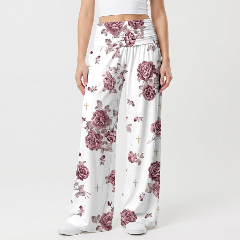 Christianartworkshop Pantaloni palazzo da donna a vita alta con stampa a rose e croce e gamba larga - US22,UK/AU26,EU54 - image 0
