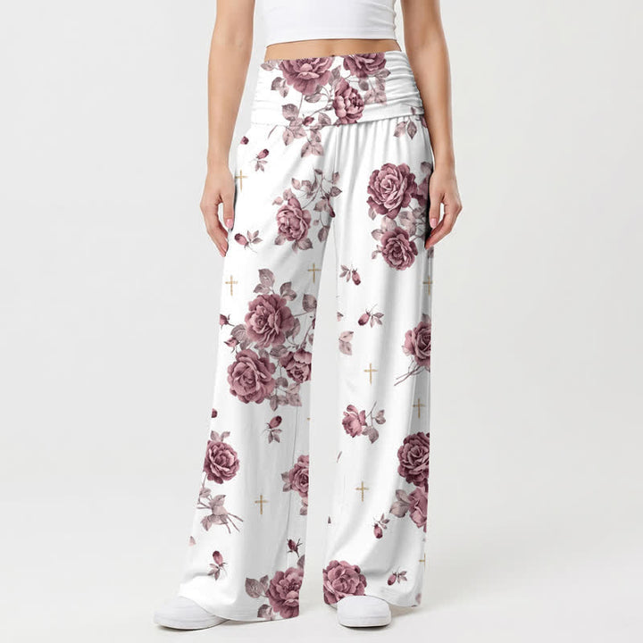Christianartworkshop Pantaloni palazzo da donna a vita alta con stampa a rose e croce e gamba larga - US22,UK/AU26,EU54 - image 0