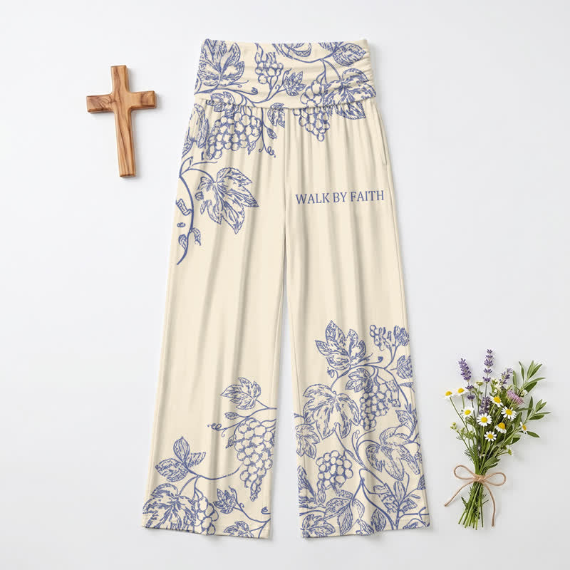 Christianartworkshop Pantaloni a gamba larga da donna Walk By Faith con stampa a tralci blu. - US22,UK/AU26,EU54 - image 0