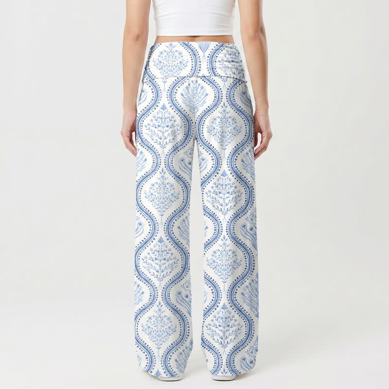 Christianartworkshop Pantaloni da donna a gamba larga con stampa a onde blu, ideali per il resort. - image 1
