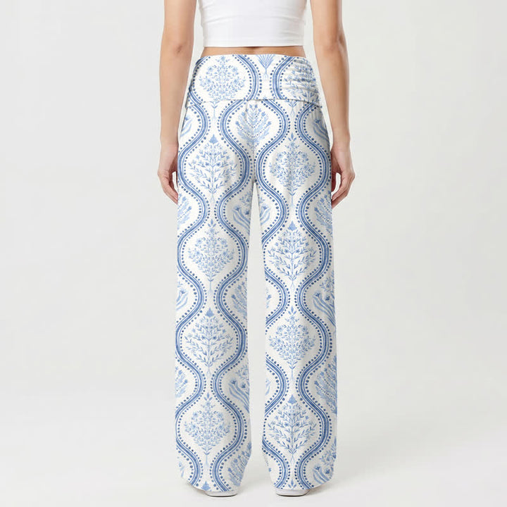 Christianartworkshop Pantaloni da donna a gamba larga con stampa a onde blu, ideali per il resort. - image 1