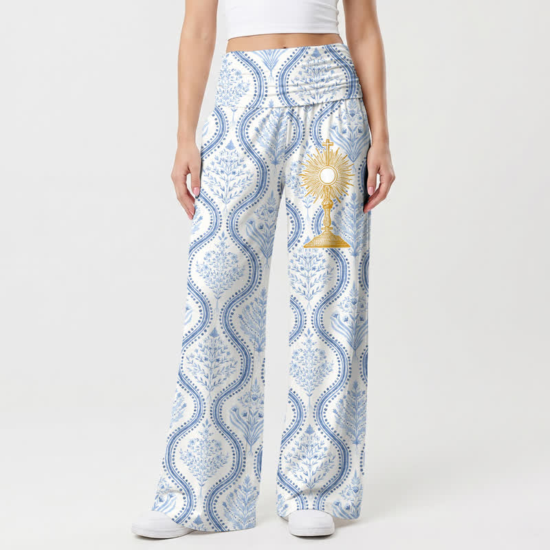 Christianartworkshop Pantaloni da donna a gamba larga con stampa a onde blu, ideali per il resort. - image 2