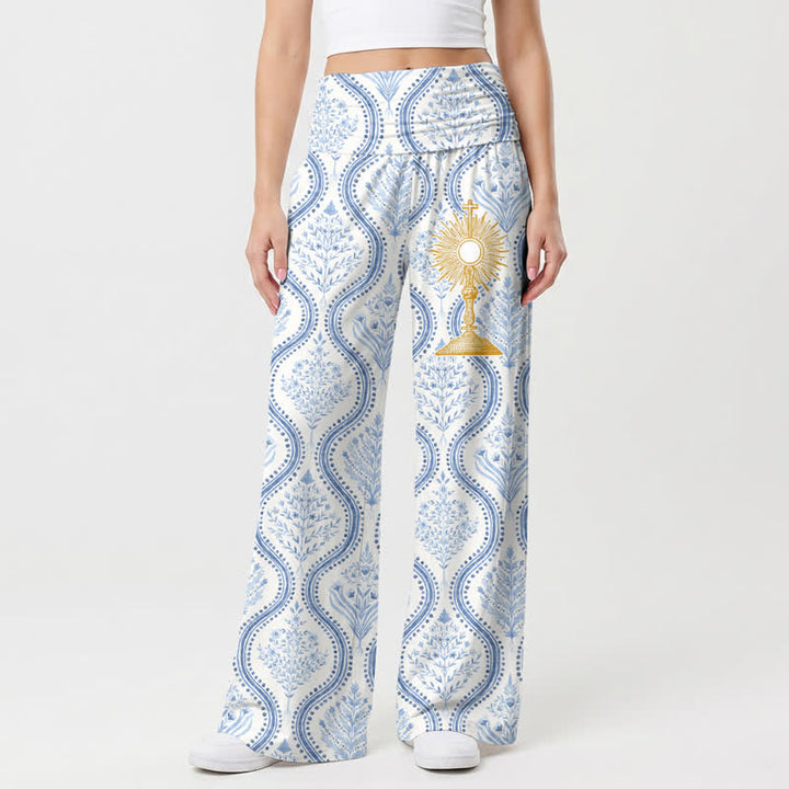 Christianartworkshop Pantaloni da donna a gamba larga con stampa a onde blu, ideali per il resort. - image 2