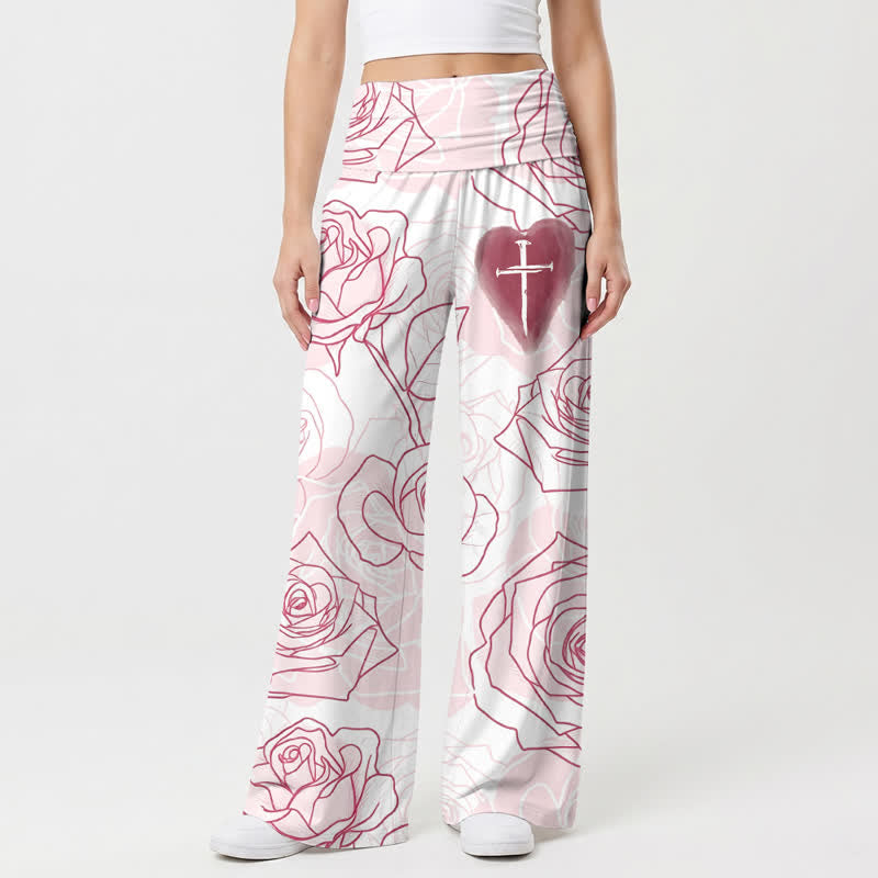 Christianartworkshop Pantaloni da donna a gamba larga con croce a cuore color rosa cipria - US22,UK/AU26,EU54 - image 0