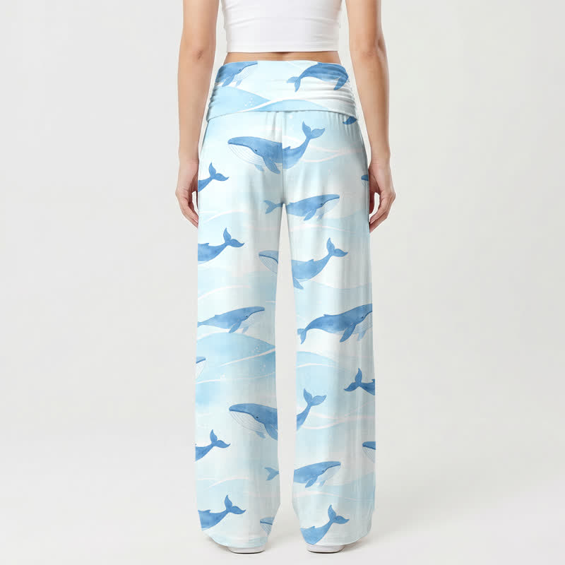 Christianartworkshop Pantaloni da donna a gamba larga a vita alta con stampa a croce di balene oceaniche. - image 1