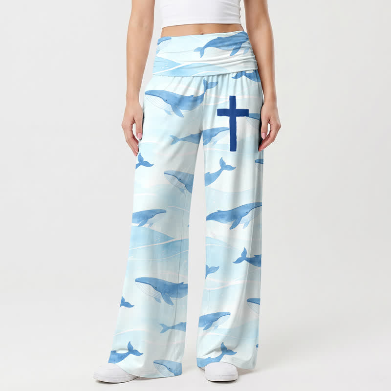 Christianartworkshop Pantaloni da donna a gamba larga a vita alta con stampa a croce di balene oceaniche. - US22,UK/AU26,EU54 - image 0