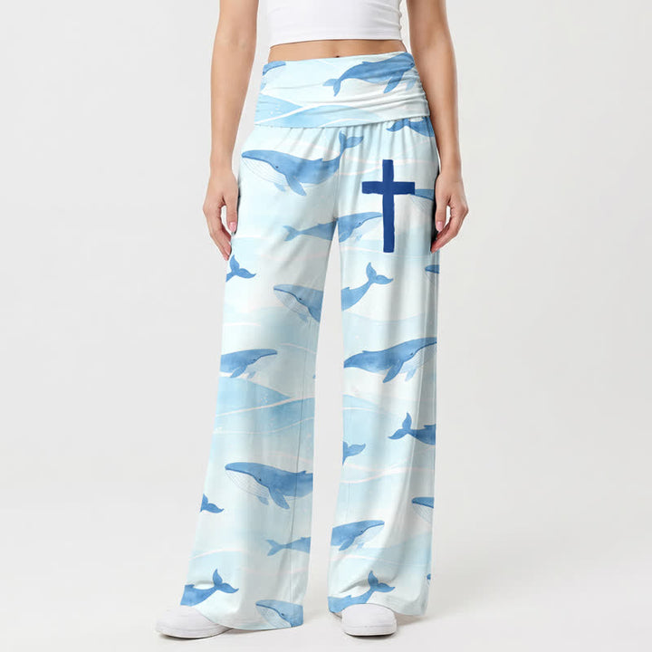 Christianartworkshop Pantaloni da donna a gamba larga a vita alta con stampa a croce di balene oceaniche. - US22,UK/AU26,EU54 - image 0