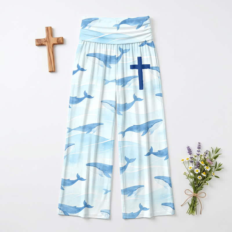 Christianartworkshop Pantaloni da donna a gamba larga a vita alta con stampa a croce di balene oceaniche. - image 2