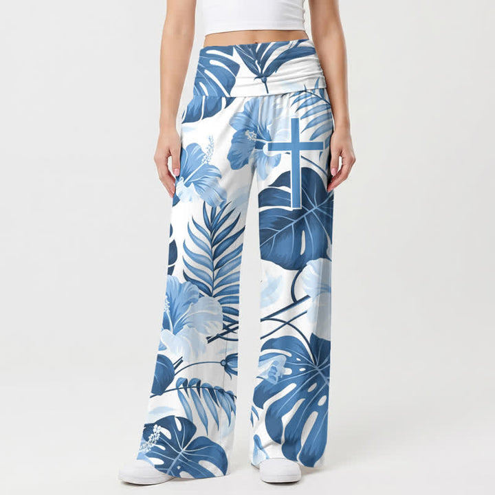 Christianartworkshop Pantaloni da donna a gamba larga a vita alta con stampa floreale tropicale blu - image 2