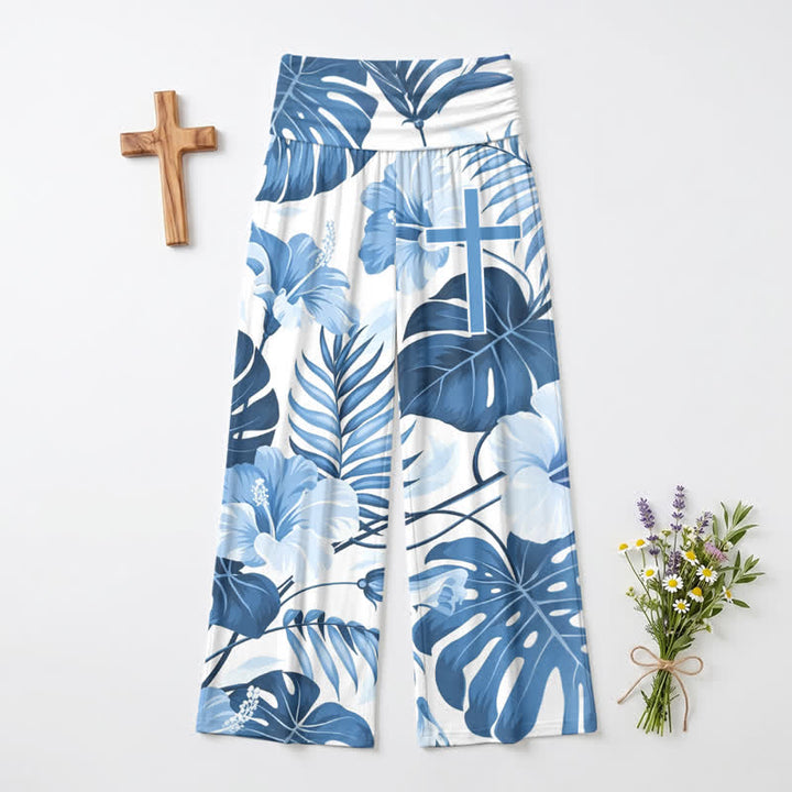 Christianartworkshop Pantaloni da donna a gamba larga a vita alta con stampa floreale tropicale blu - US22,UK/AU26,EU54 - image 0