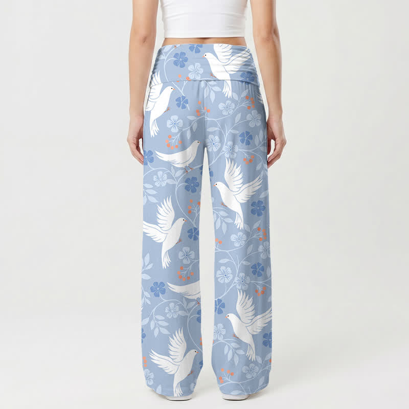 Christianartworkshop Pantaloni da donna a gamba larga a vita alta color azzurro cielo con motivo floreale di colomba. - image 1