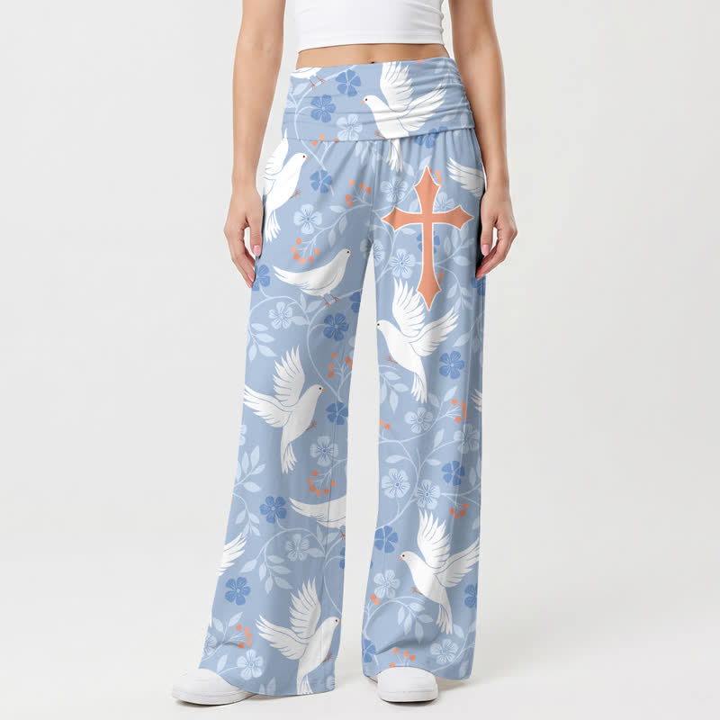 Christianartworkshop Pantaloni da donna a gamba larga a vita alta color azzurro cielo con motivo floreale di colomba. - US22,UK/AU26,EU54 - image 0