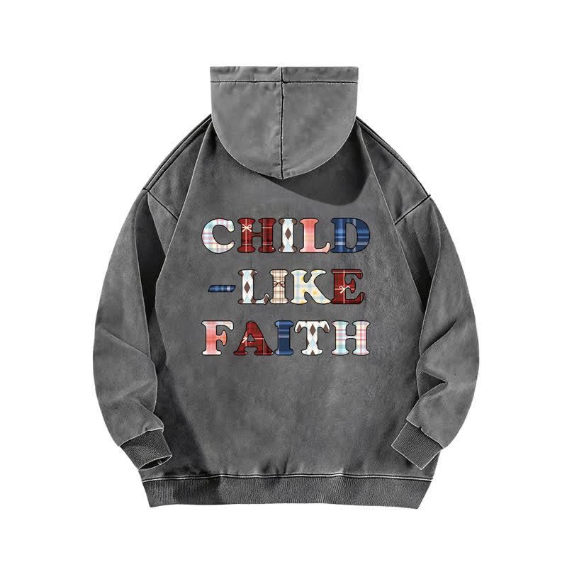 Christianartworkshop Felpa con cappuccio lavata Child Like Faith Plaid Letter Front Back Washed - image 10
