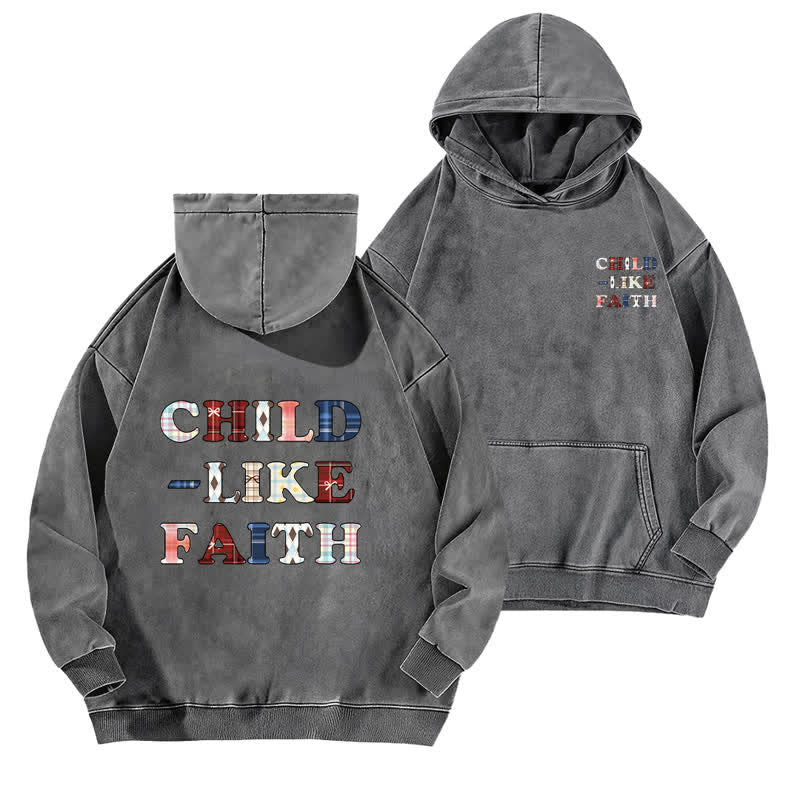 Christianartworkshop Felpa con cappuccio lavata Child Like Faith Plaid Letter Front Back Washed - Grigio - 5XL - image 9
