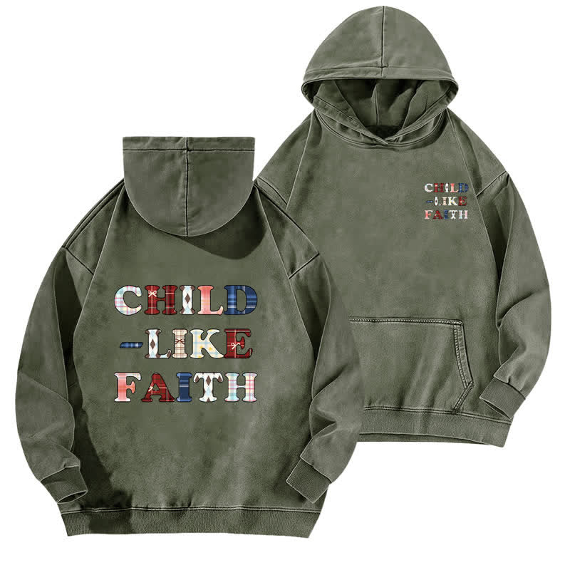 Christianartworkshop Felpa con cappuccio lavata Child Like Faith Plaid Letter Front Back Washed - Verde militare - 5XL - image 6