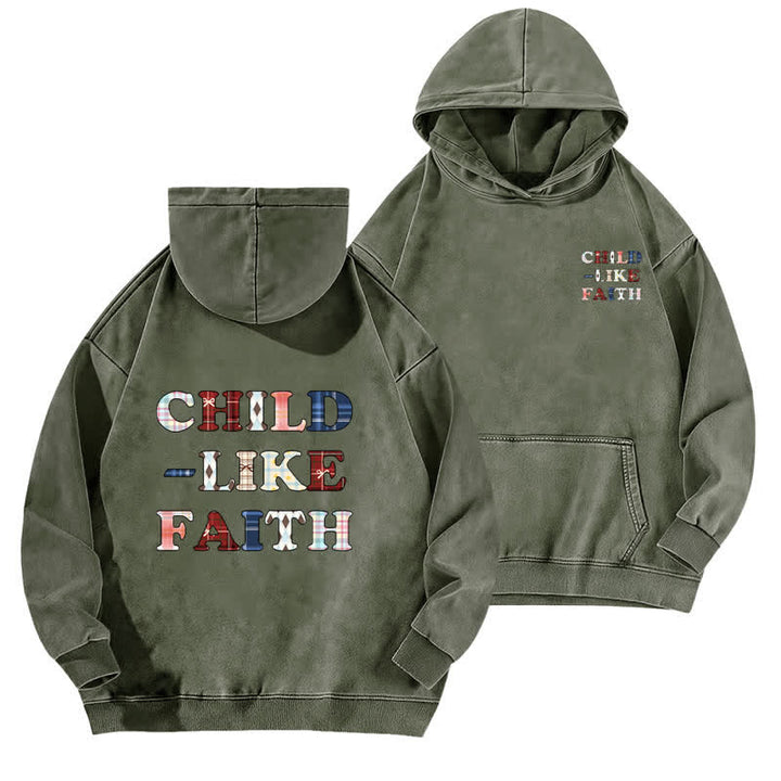 Christianartworkshop Felpa con cappuccio lavata Child Like Faith Plaid Letter Front Back Washed - Verde militare - 5XL - image 6