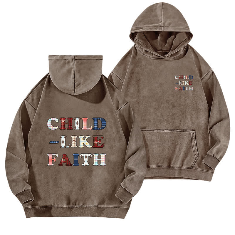 Christianartworkshop Felpa con cappuccio lavata Child Like Faith Plaid Letter Front Back Washed - Caffè - 5XL - image 12