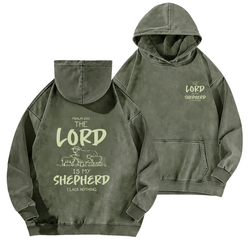 Christianartworkshop Felpa con cappuccio lavata in pile con stampa del pastore Salmo 23 - Verde militare - 5XL - image 0
