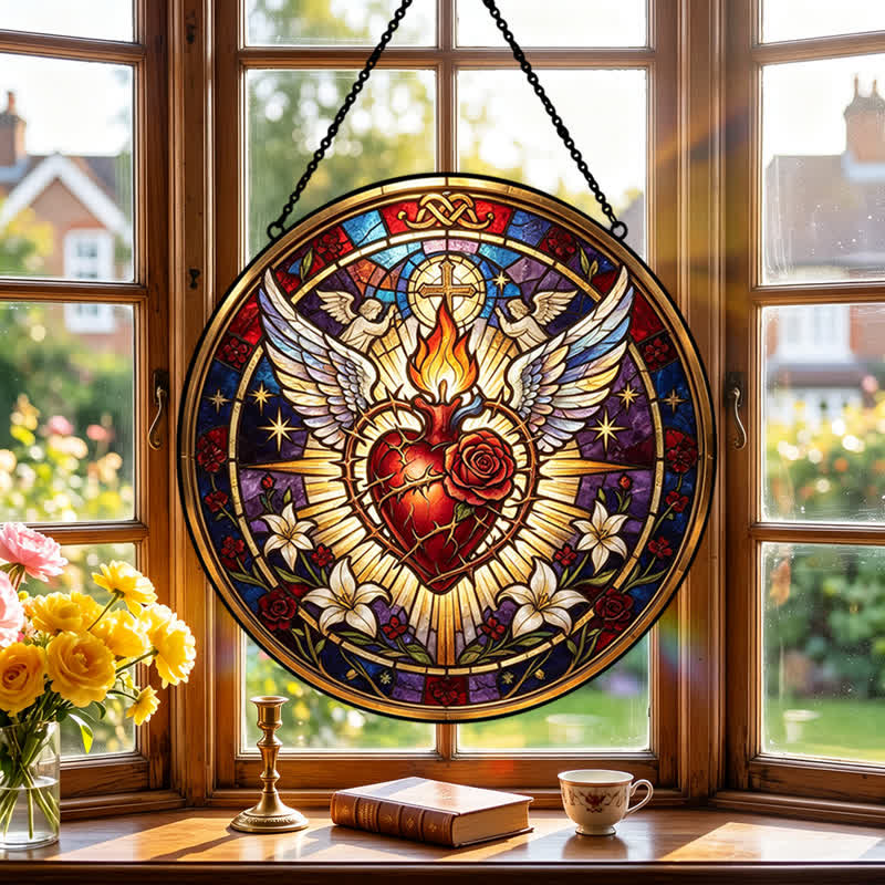 Christianartworkshop Cuore Sacro in vetro rotondo da appendere: acchiappasole in vetro, simbolo di pace e conforto divino. - image 4