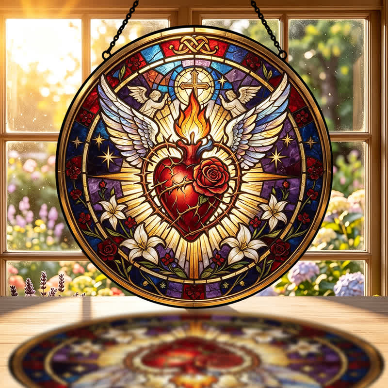 Christianartworkshop Cuore Sacro in vetro rotondo da appendere: acchiappasole in vetro, simbolo di pace e conforto divino. - image 1