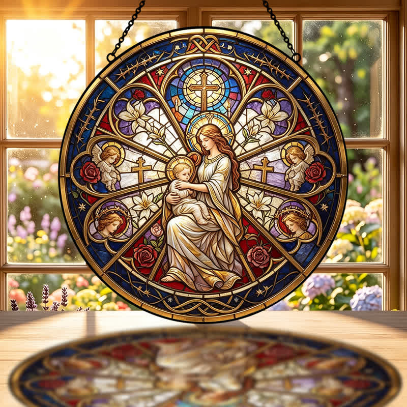 Christianartworkshop Acchiappasole in vetro con simboli sacri floreali della Natività: emblema di dolce conforto celeste. - image 1