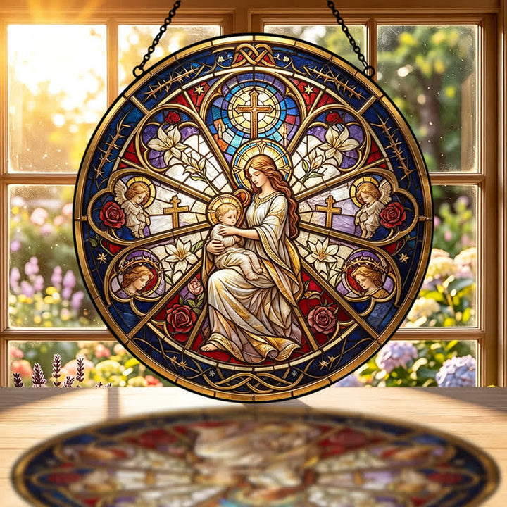 Christianartworkshop Acchiappasole in vetro con simboli sacri floreali della Natività: emblema di dolce conforto celeste. - image 1