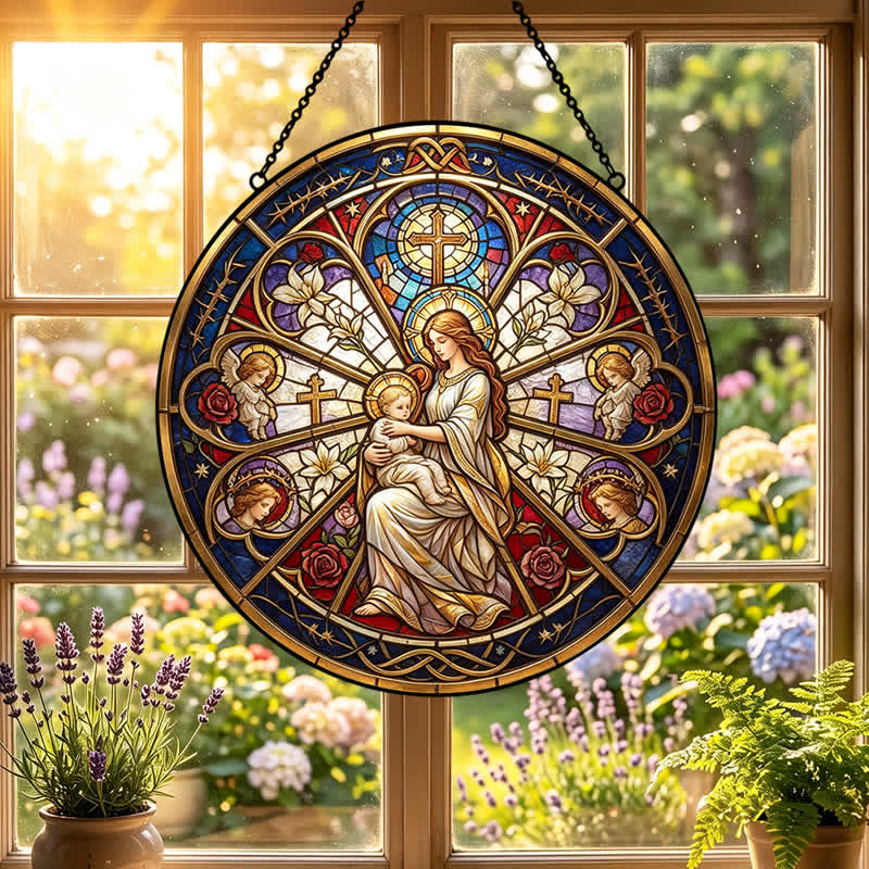 Christianartworkshop Acchiappasole in vetro con simboli sacri floreali della Natività: emblema di dolce conforto celeste. - image 0