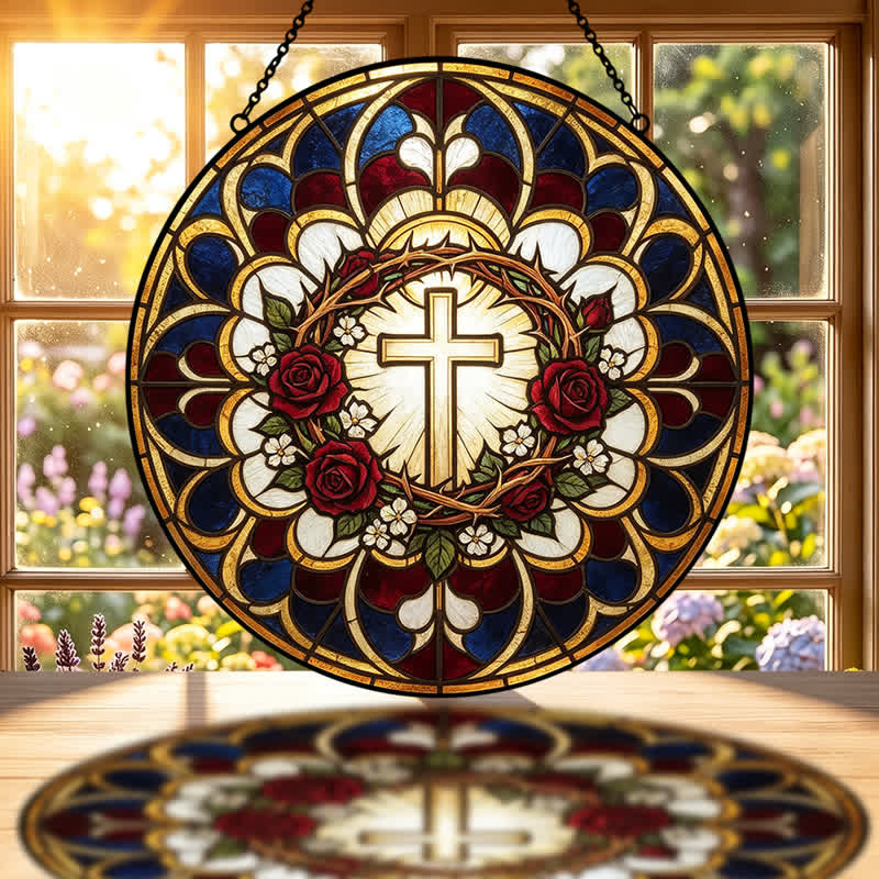 Christianartworkshop Croce radiosa in vetro colorato, acchiappasole: emblema di pura radiosità celeste. - image 1
