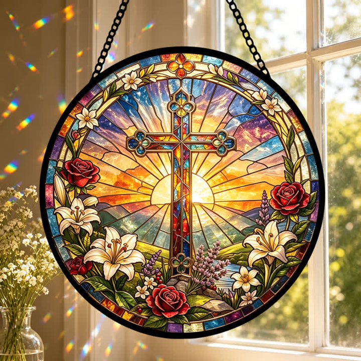 Christianartworkshop Acchiappasole in vetro con croce e ghirlanda di gigli e rose: emblema di dolce purezza divina. - image 0