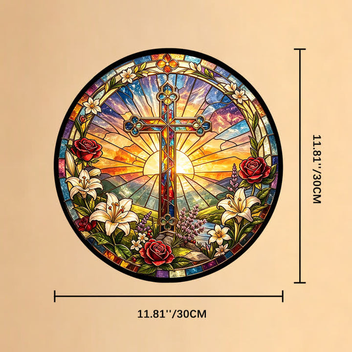 Christianartworkshop Acchiappasole in vetro con croce e ghirlanda di gigli e rose: emblema di dolce purezza divina. - 11,81''*11,81''*0,14''/30*30*0,35cm - image 10
