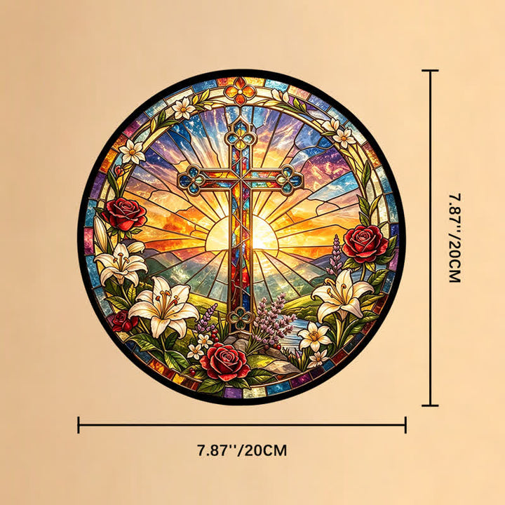 Christianartworkshop Acchiappasole in vetro con croce e ghirlanda di gigli e rose: emblema di dolce purezza divina. - 7,87''*7,87''*0,14''/20*20*0,35 cm - image 8