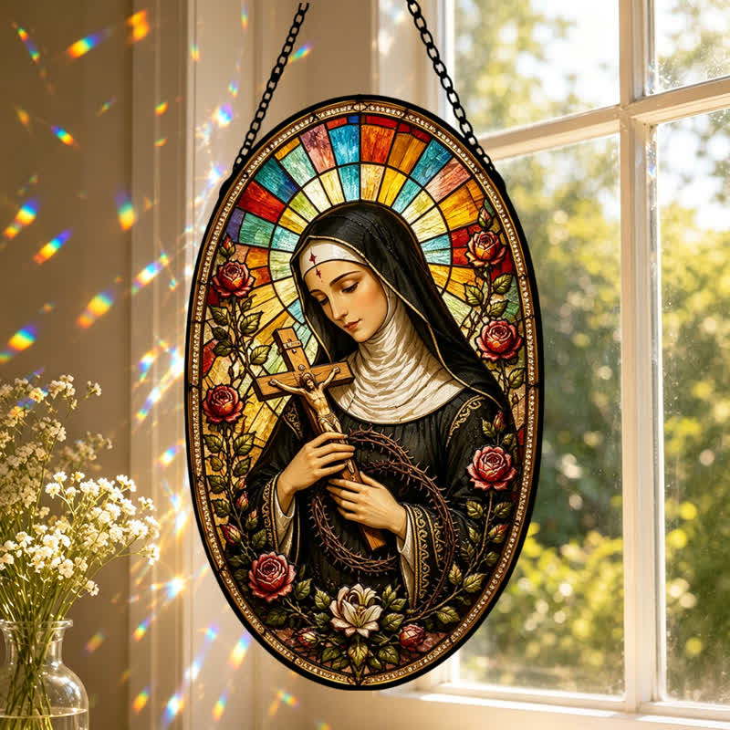 Christianartworkshop Acchiappasole decorativo in vetro con la Sacra Madonna: simbolo di quieta devozione. - image 0