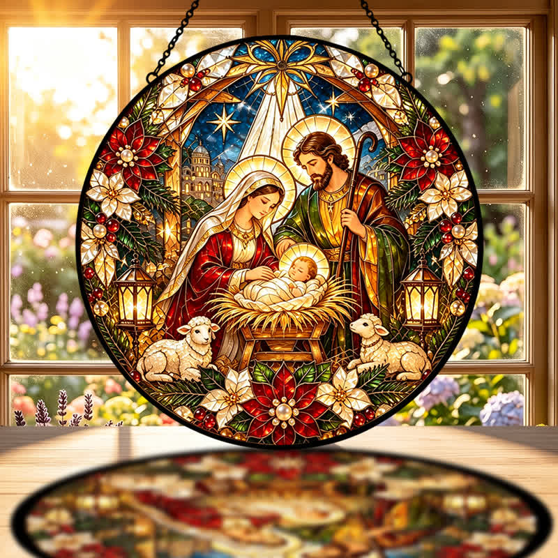 Christianartworkshop Acchiappasole rotondo in vetro colorato raffigurante la Natività: emblema del tenero arrivo in cielo. - image 1