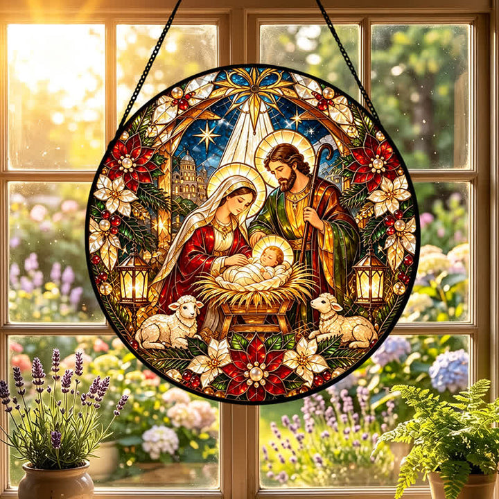 Christianartworkshop Acchiappasole rotondo in vetro colorato raffigurante la Natività: emblema del tenero arrivo in cielo. - image 0