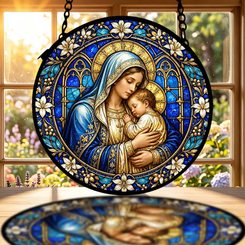 Christianartworkshop Acchiappasole circolare in vetro con presepe decorato: emblema di serena tenerezza divina. - image 1